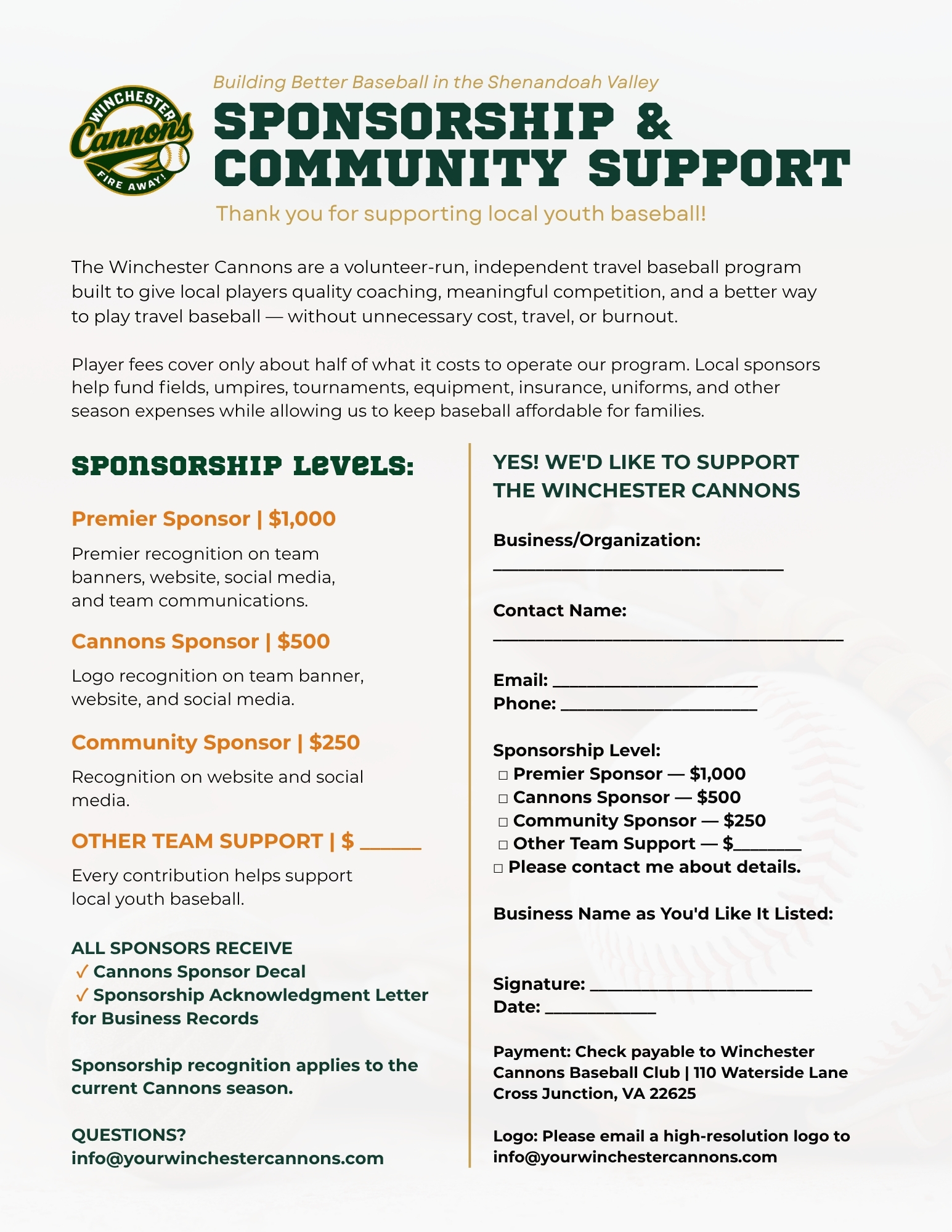 Cannons Sponsor Form